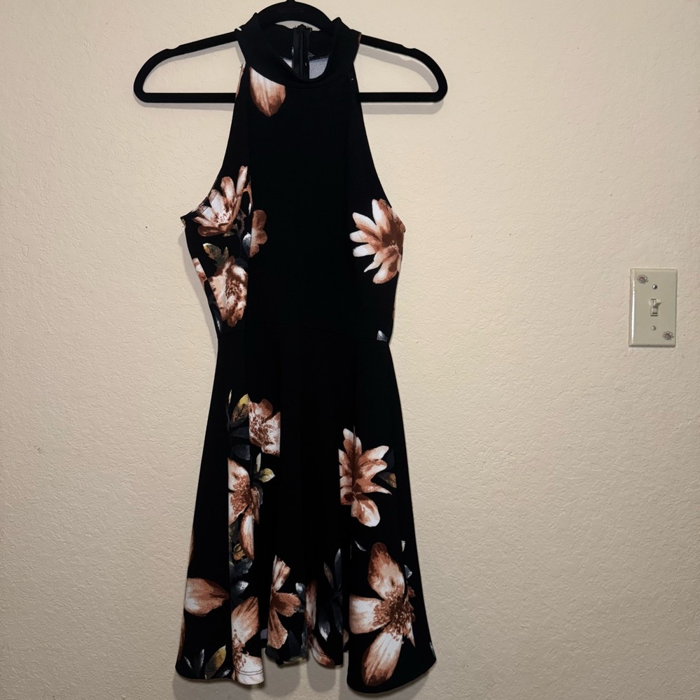 Altar'd State Black Halter Mini Dress with Floral Design